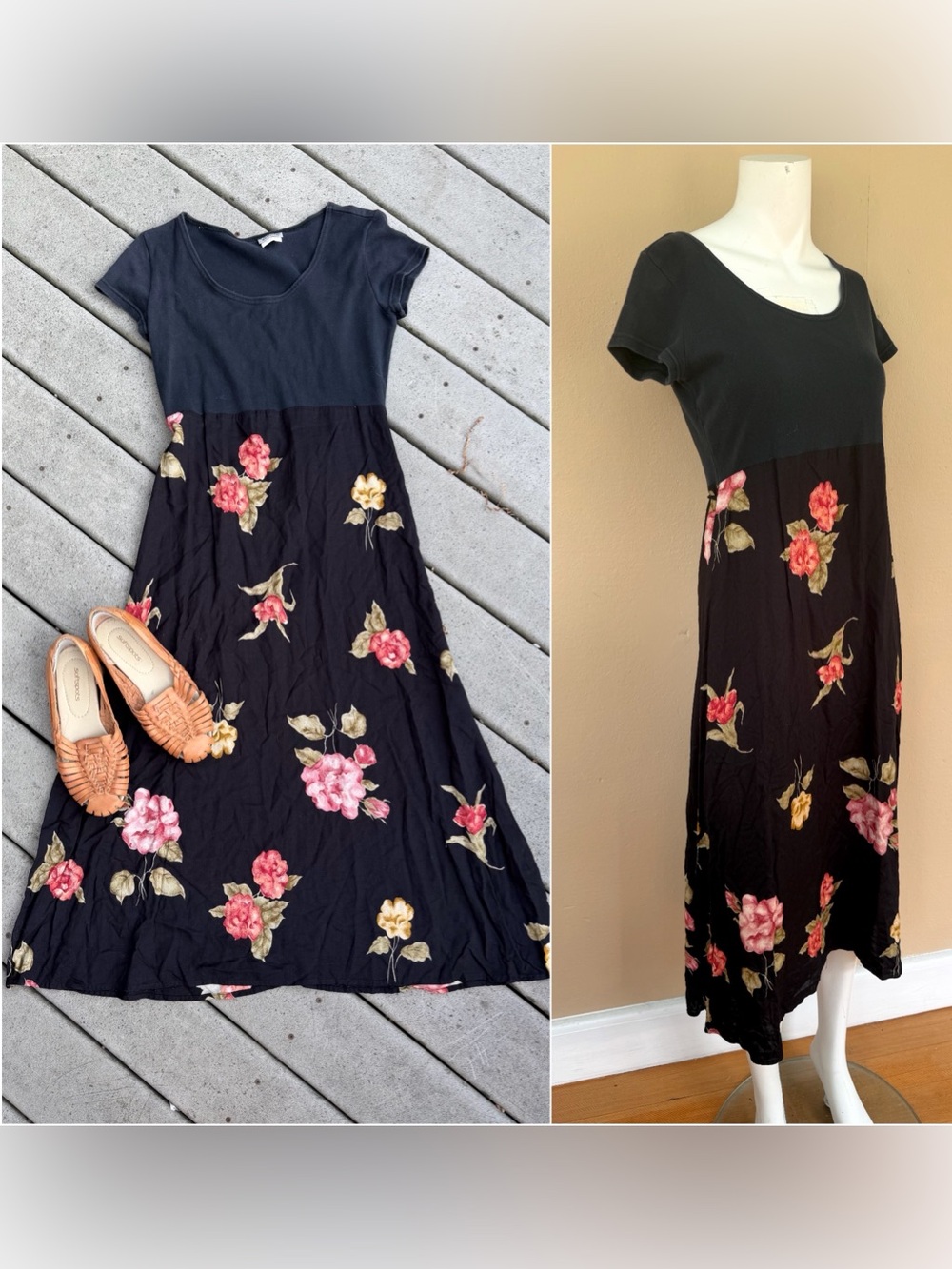 Vintage Black Floral Maxi | 90s Short Sleeve Babydoll Midi Dress